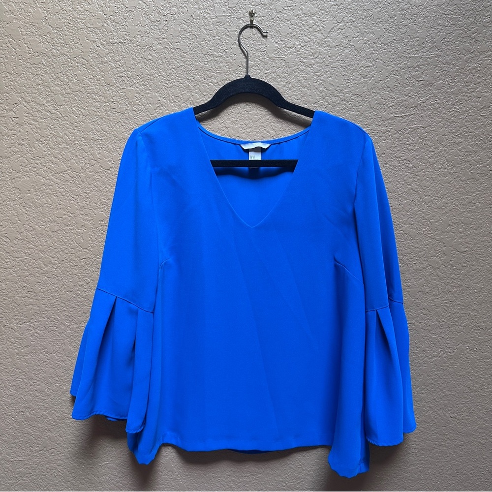H&M Cobalt Blue Blouse Size 14 | Flare Sleeve V-Neck Top | Work or Dressy
